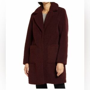 L French Connection Maroon Textured Teddy Faux Fur Long Coat